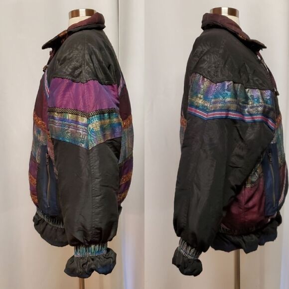 Vintage 80s Retro ELCO Down Filled Iridescent Floral Patchwork Puffer Jacket Lg - Picture 3 of 14